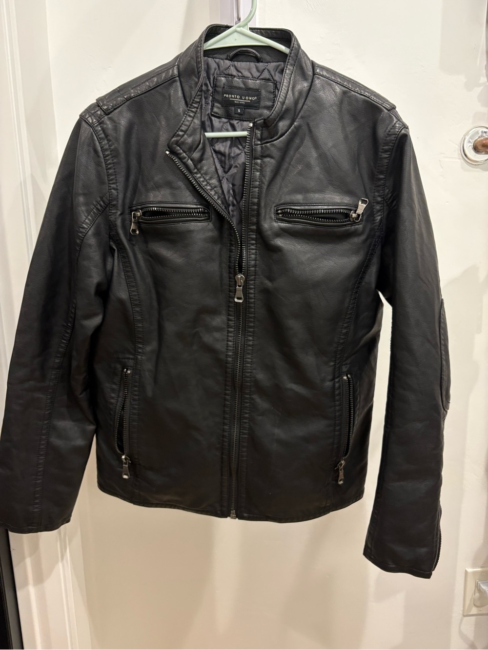 Pronto Uomo Black Faux Leather Zip-Up Moto Jacket